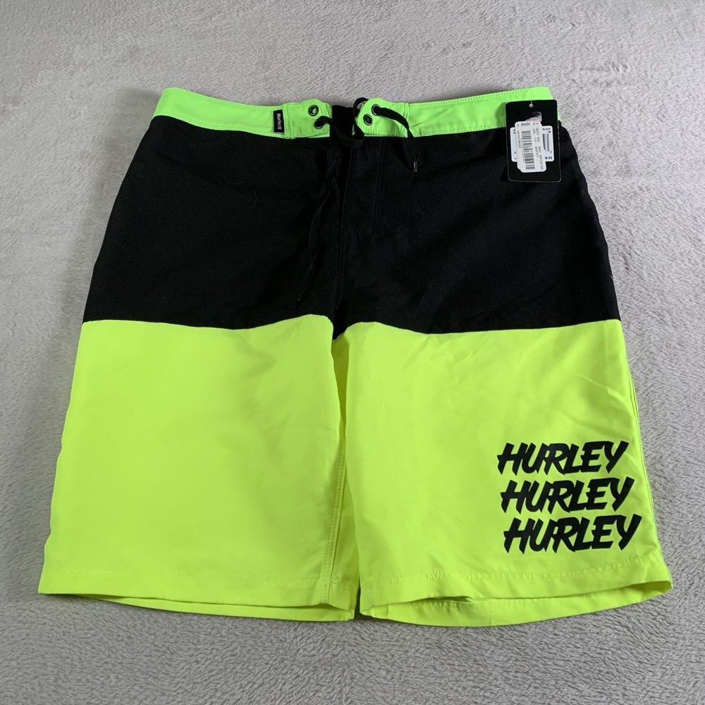 Hurley Board Shorts Boys 18 / 29 Neon Green Colorblock Graphic Swim Trunks NEW